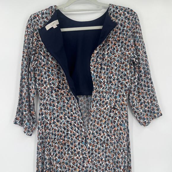 Loft Abstract Floral Midi Dress Sz 4 3/4 Sleeve Preppy Slit Work Cottage Fall - Picture 7 of 9